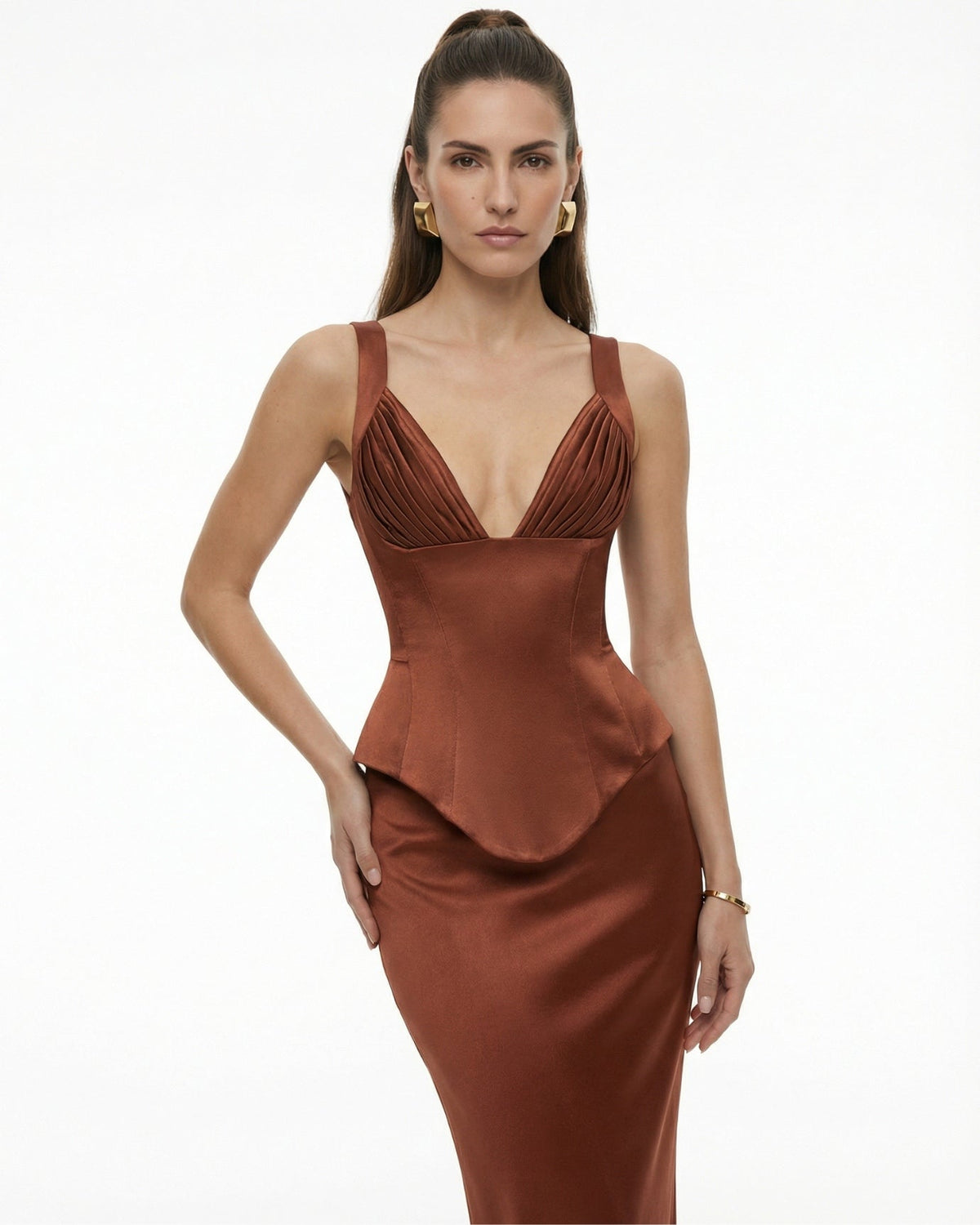 Cira Lustrous Satin Shirt and Long Skirt Two-Piece Set – view 3
