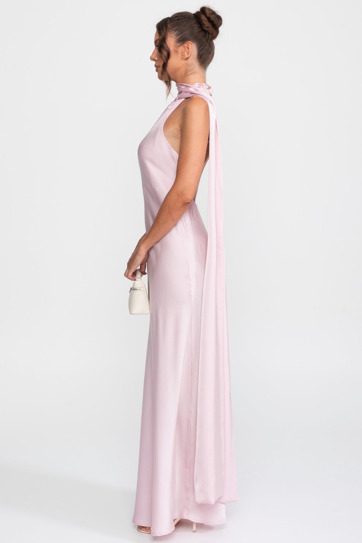 Twist Halter Satin Slip Dress with Asymmetric Neckline – Pink – view 4