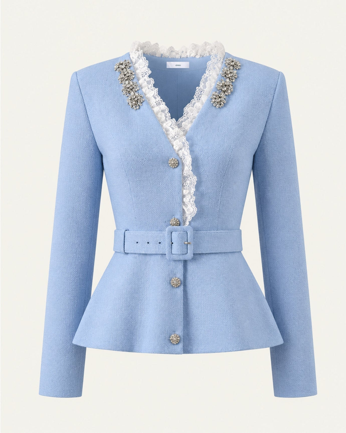 Rhinestone Embellished Lace Trim Wool Knit Cardigan – Blue – view 1