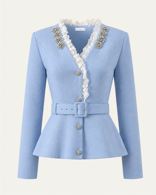 Rhinestone Embellished Lace Trim Wool Knit Cardigan