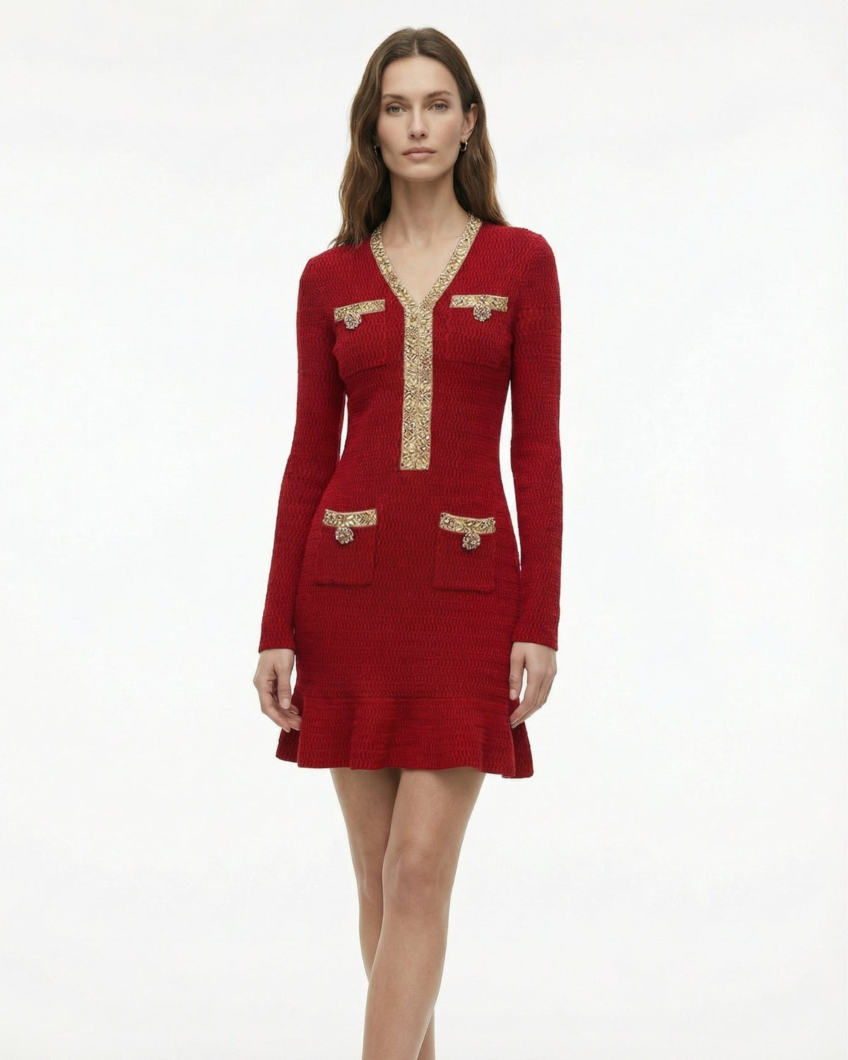 Heavy Beaded V-Neck Long Sleeve Slim Fit Knit Dress – view 4