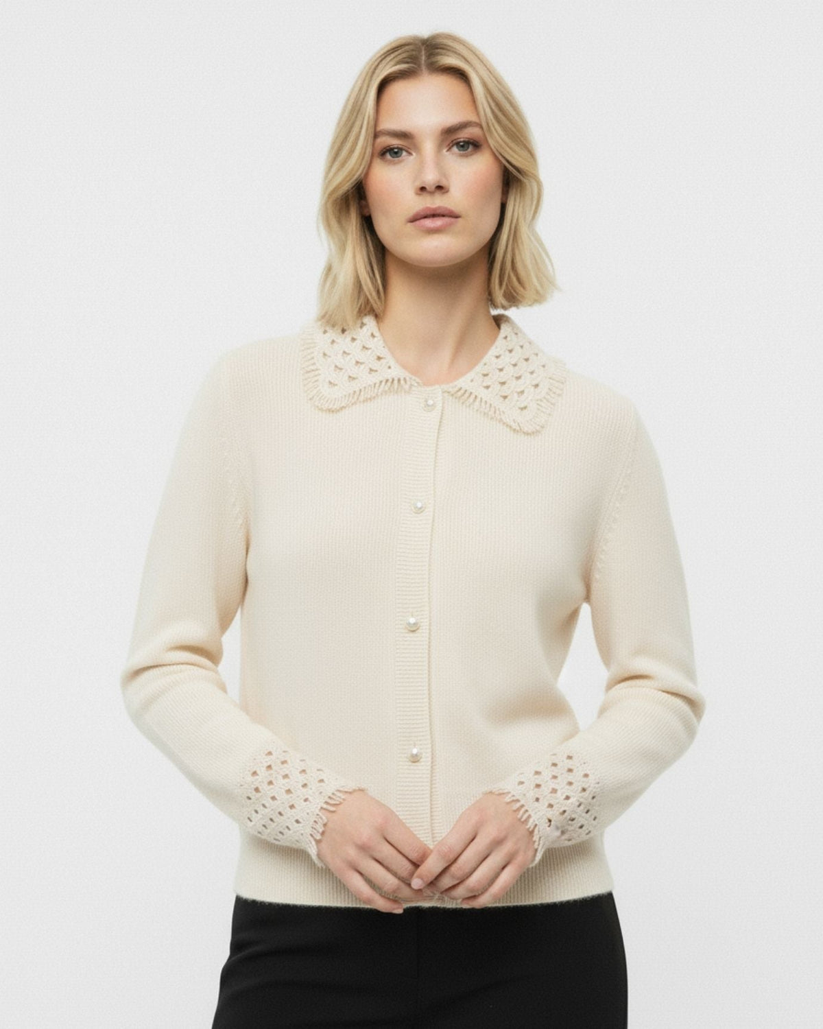 Dina 100% Cashmere Crochet Knit Polo Neck Thick Cardigan – view 7