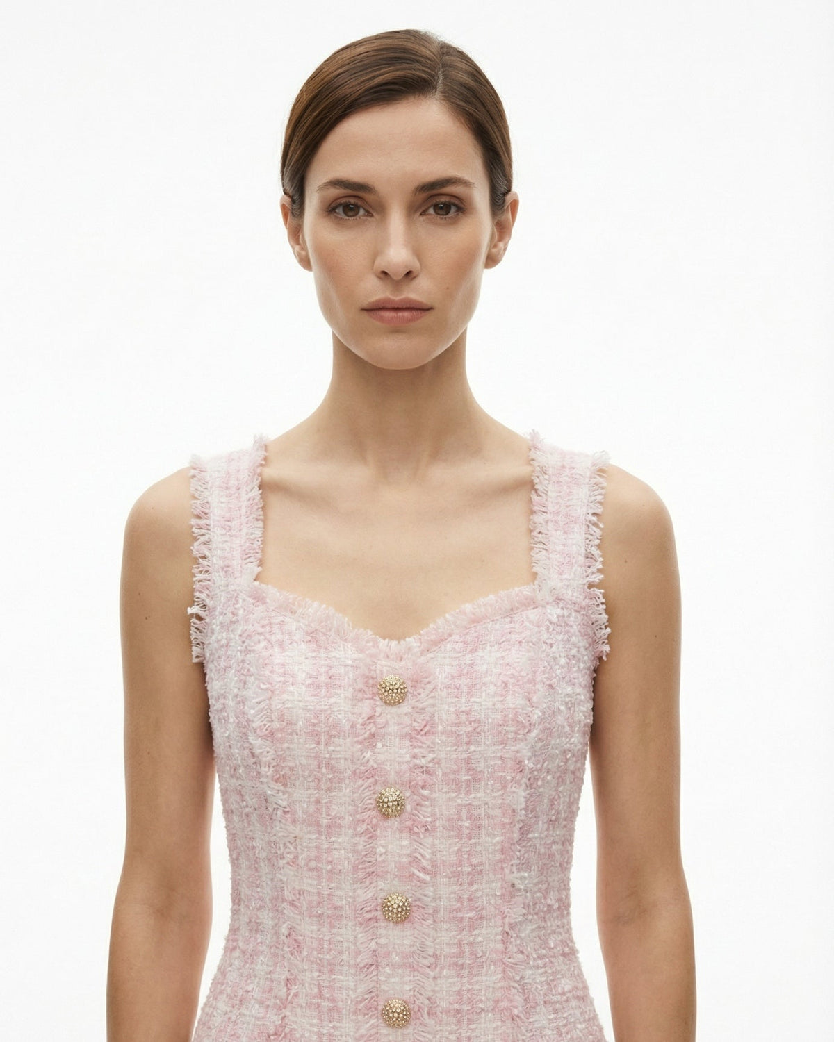 Slim Fit Non-Stretch Structured Tweed Dress – Pink – view 3