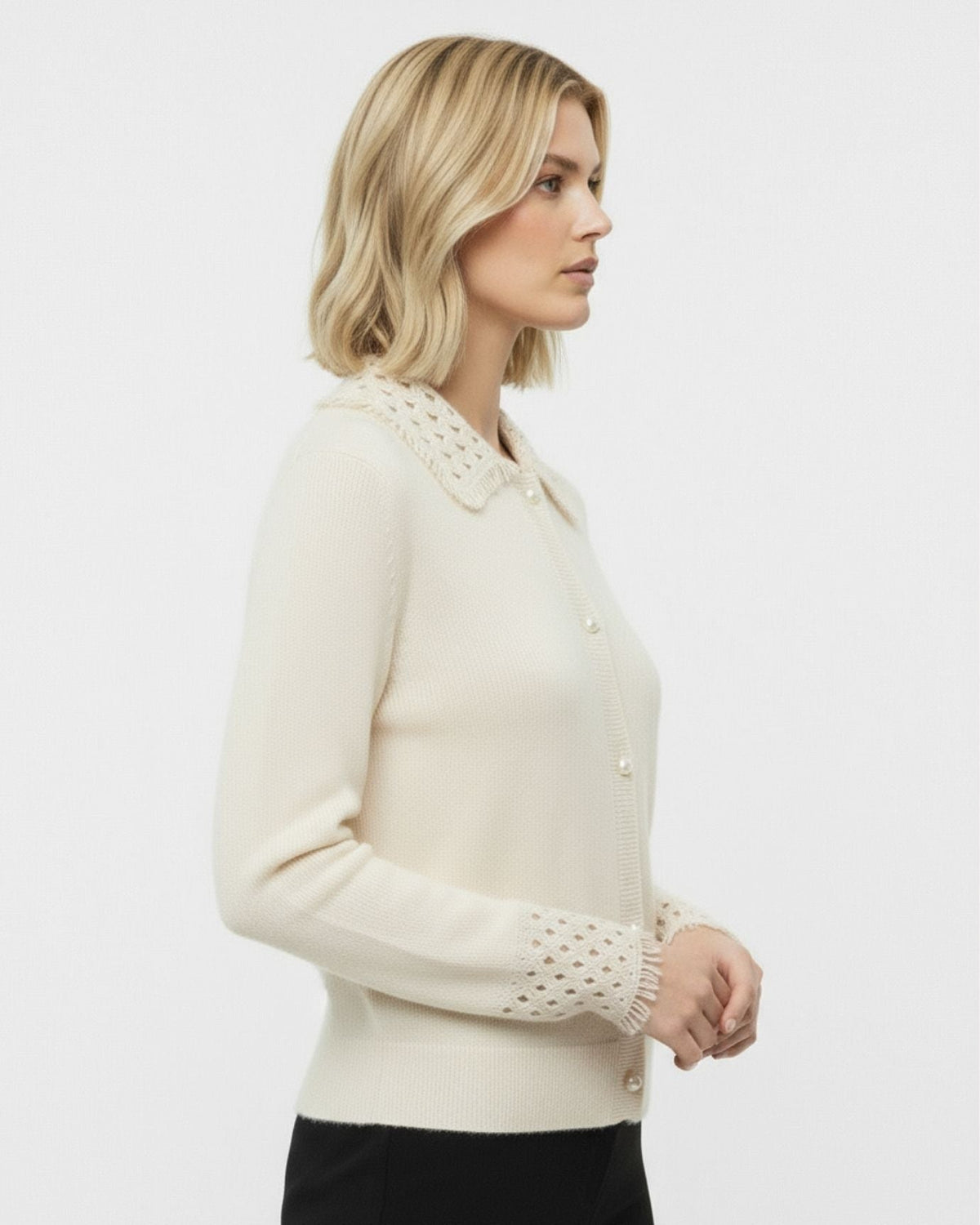 Dina 100% Cashmere Crochet Knit Polo Neck Thick Cardigan – view 8