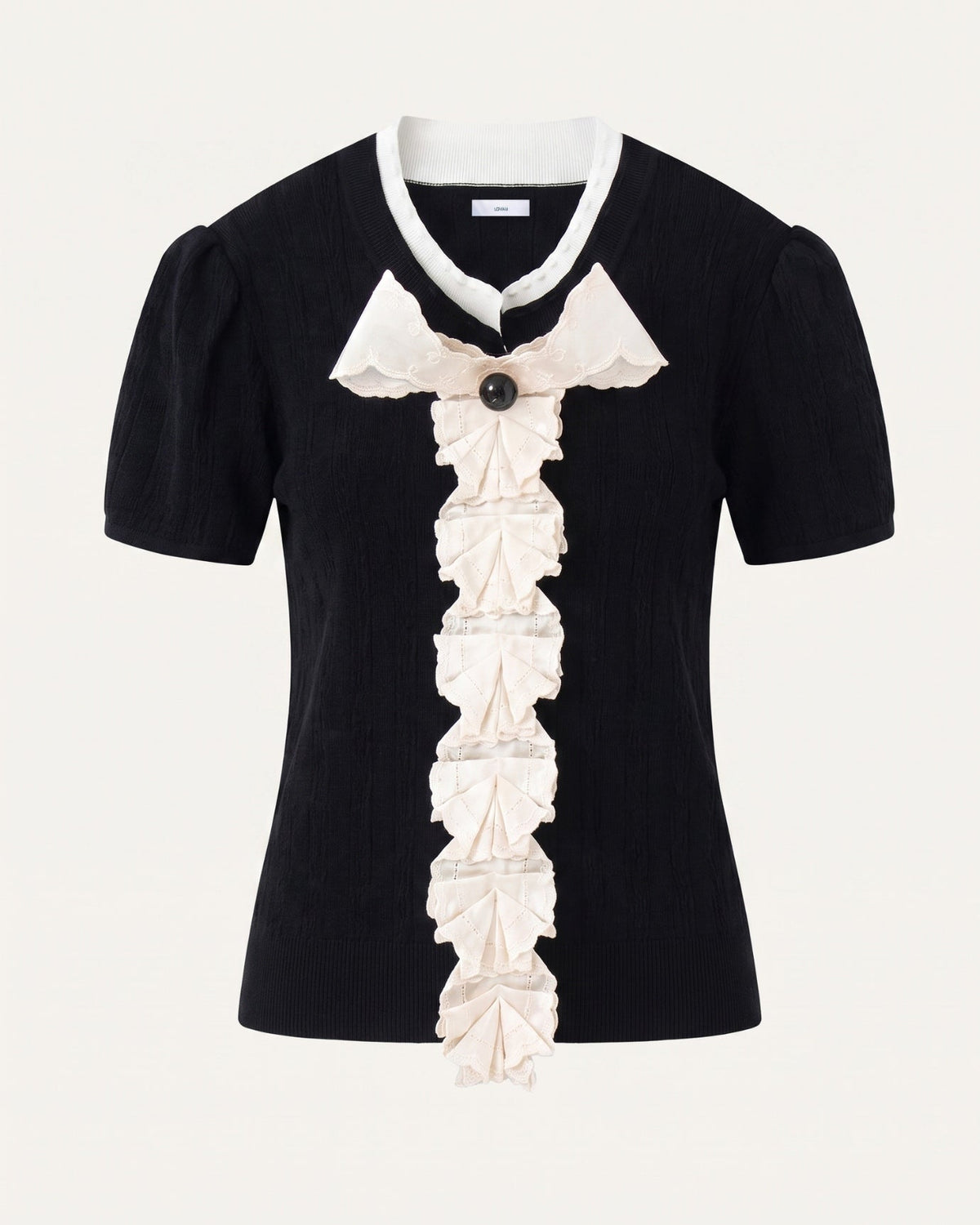 Knitted Top with Hand-Embroidered Floral Front – Black – view 1