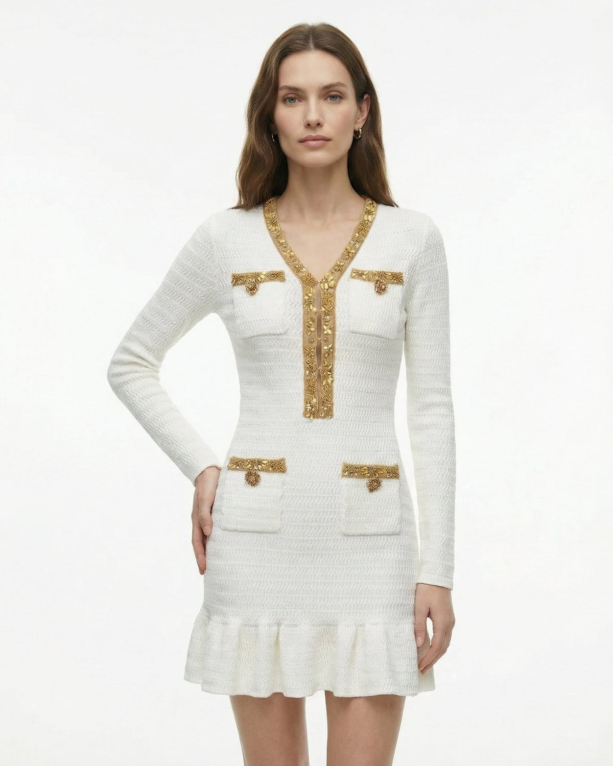Heavy Beaded V-Neck Long Sleeve Slim Fit Knit Dress – view 7