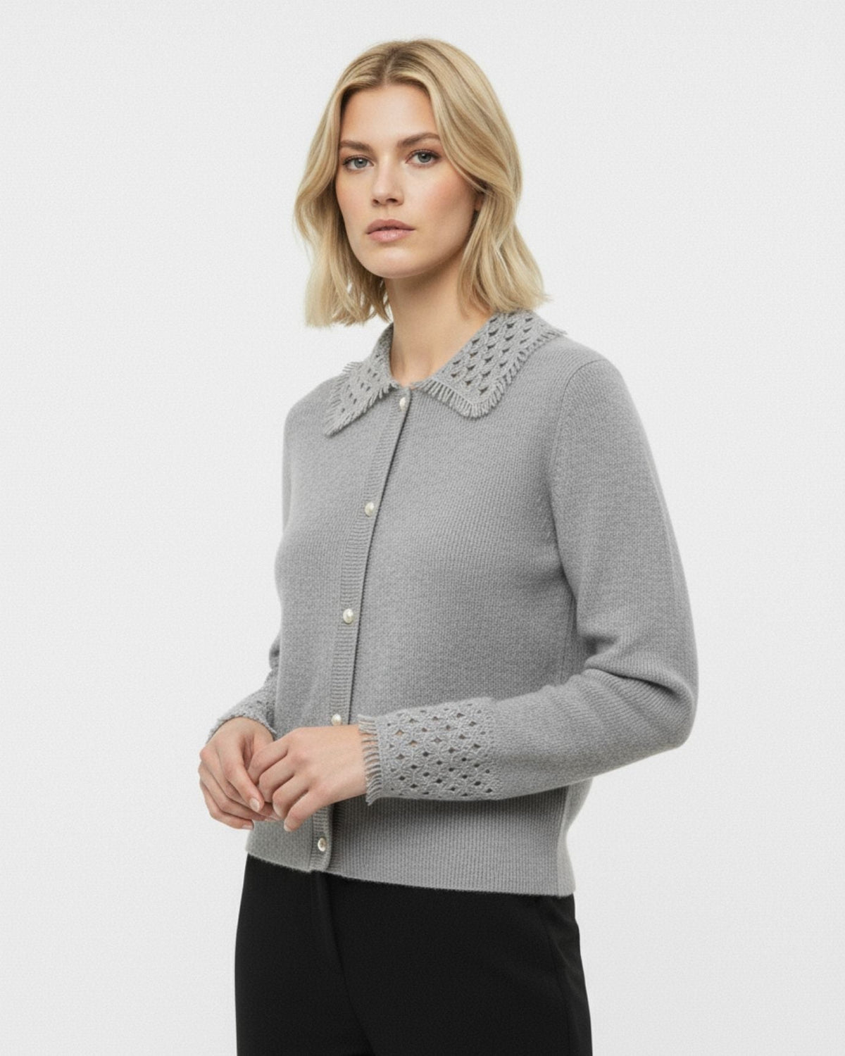 Dina 100% Cashmere Crochet Knit Polo Neck Thick Cardigan – view 11