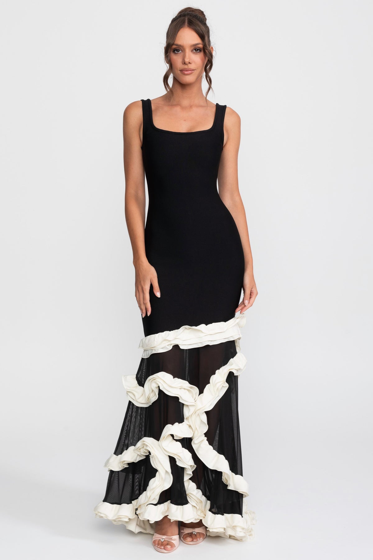 Square Neck Bodycon Dress with Contrast Tiered Ruffle Hem – Black – view 2