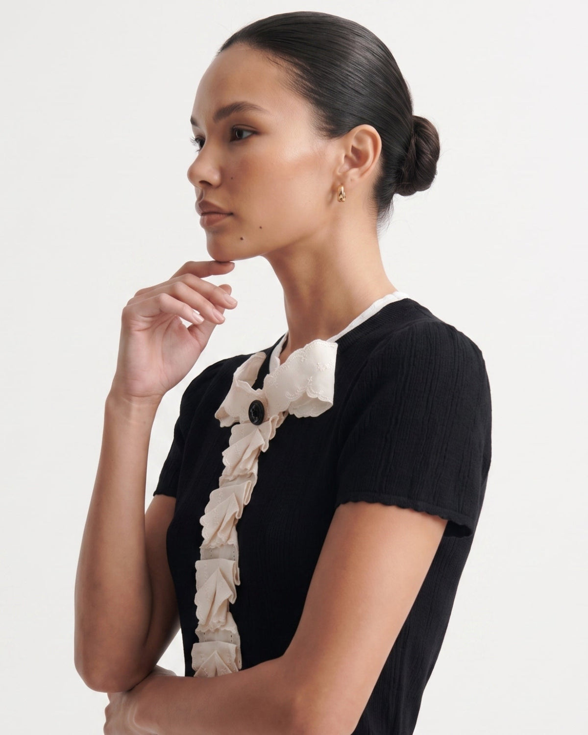 Knitted Top with Hand-Embroidered Floral Front – Black