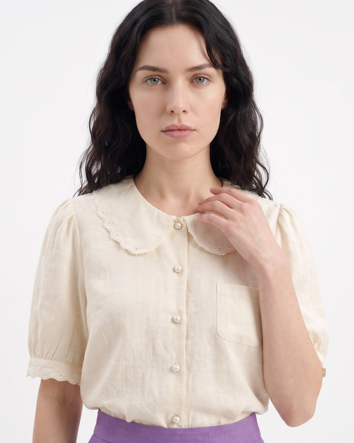 Cotton Lace Trim Embroidered Shirt with Tailored Fit