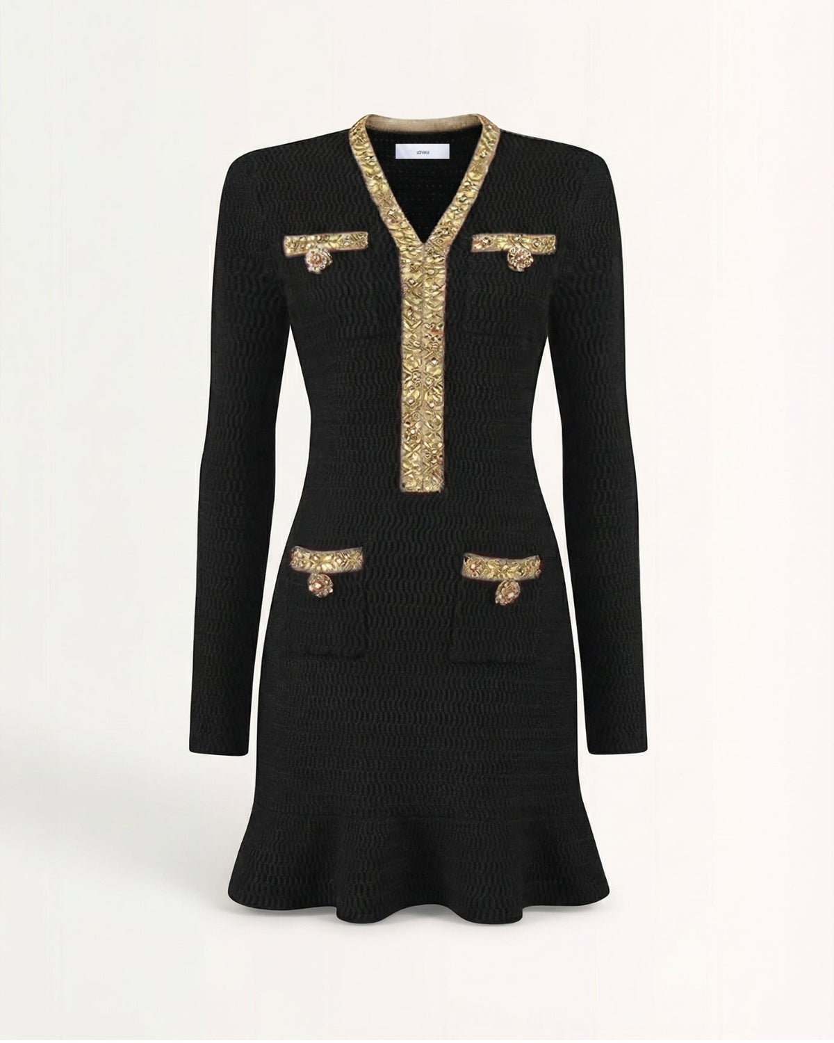 Heavy Beaded V-Neck Long Sleeve Slim Fit Knit Dress – view 9