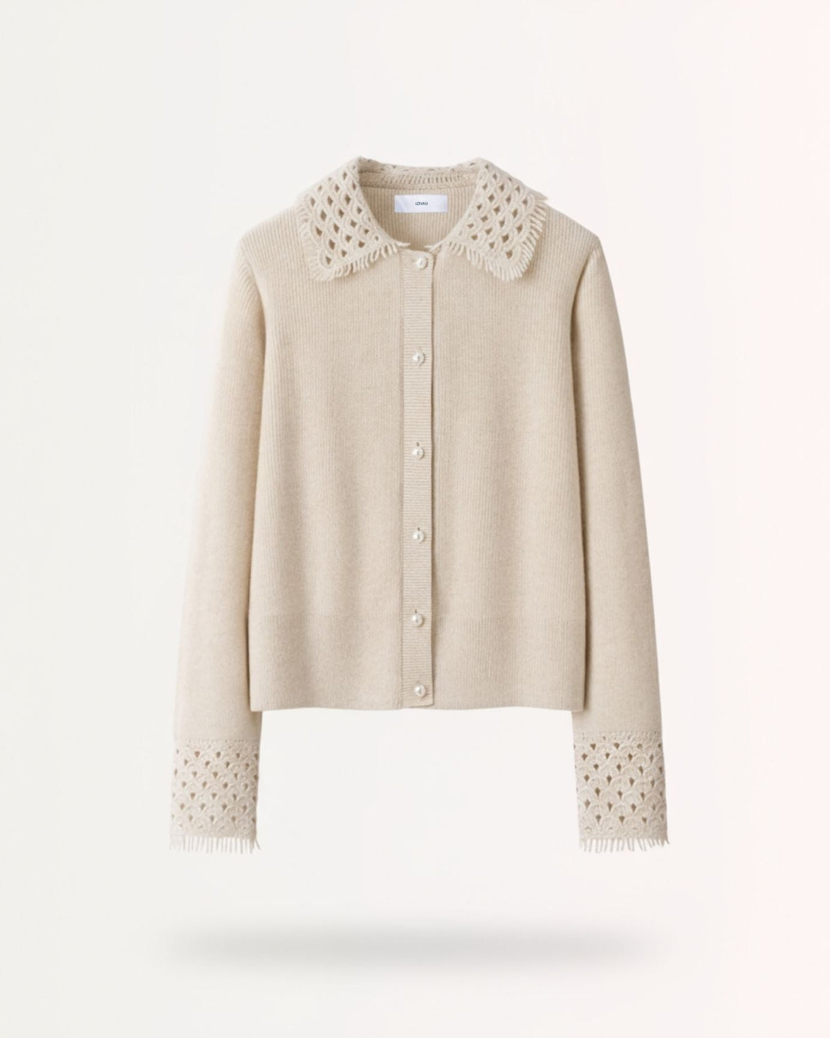 Dina 100% Cashmere Crochet Knit Polo Neck Thick Cardigan