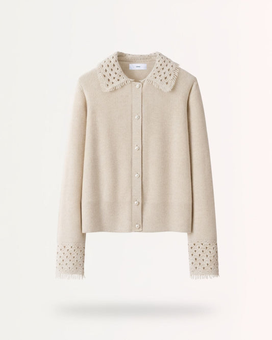 Dina 100% Cashmere Crochet Knit Polo Neck Thick Cardigan