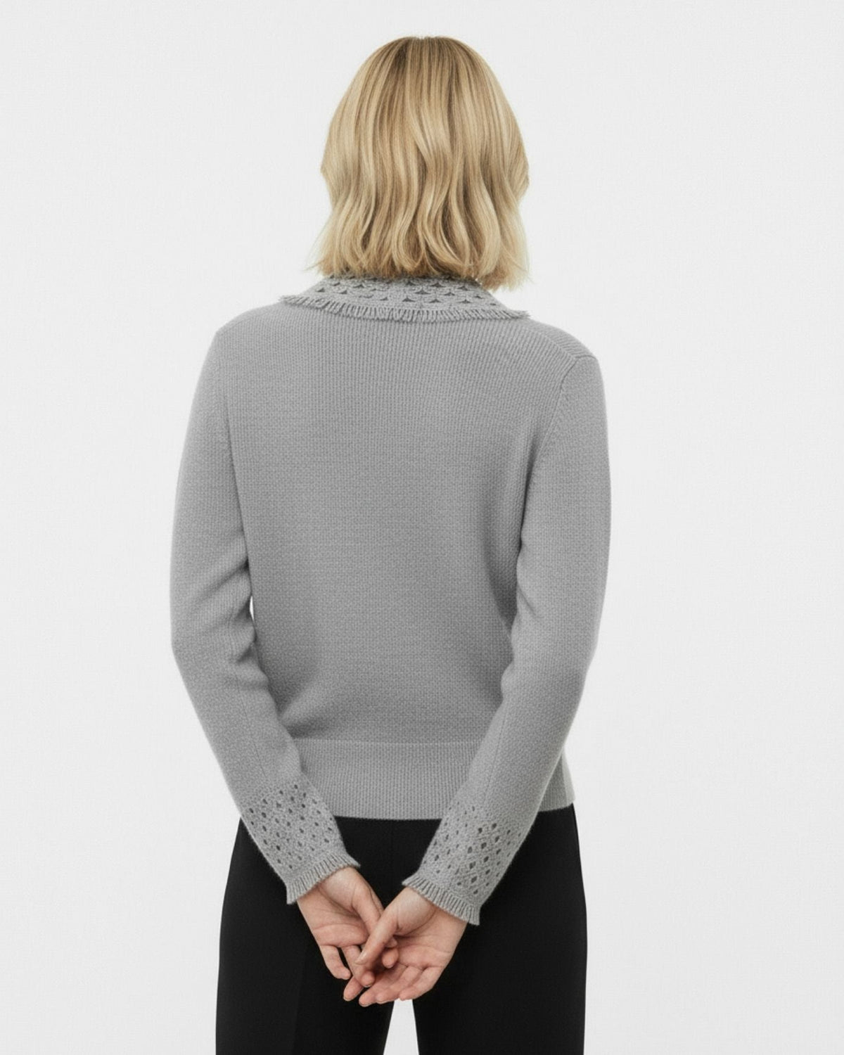 Dina 100% Cashmere Crochet Knit Polo Neck Thick Cardigan – view 12