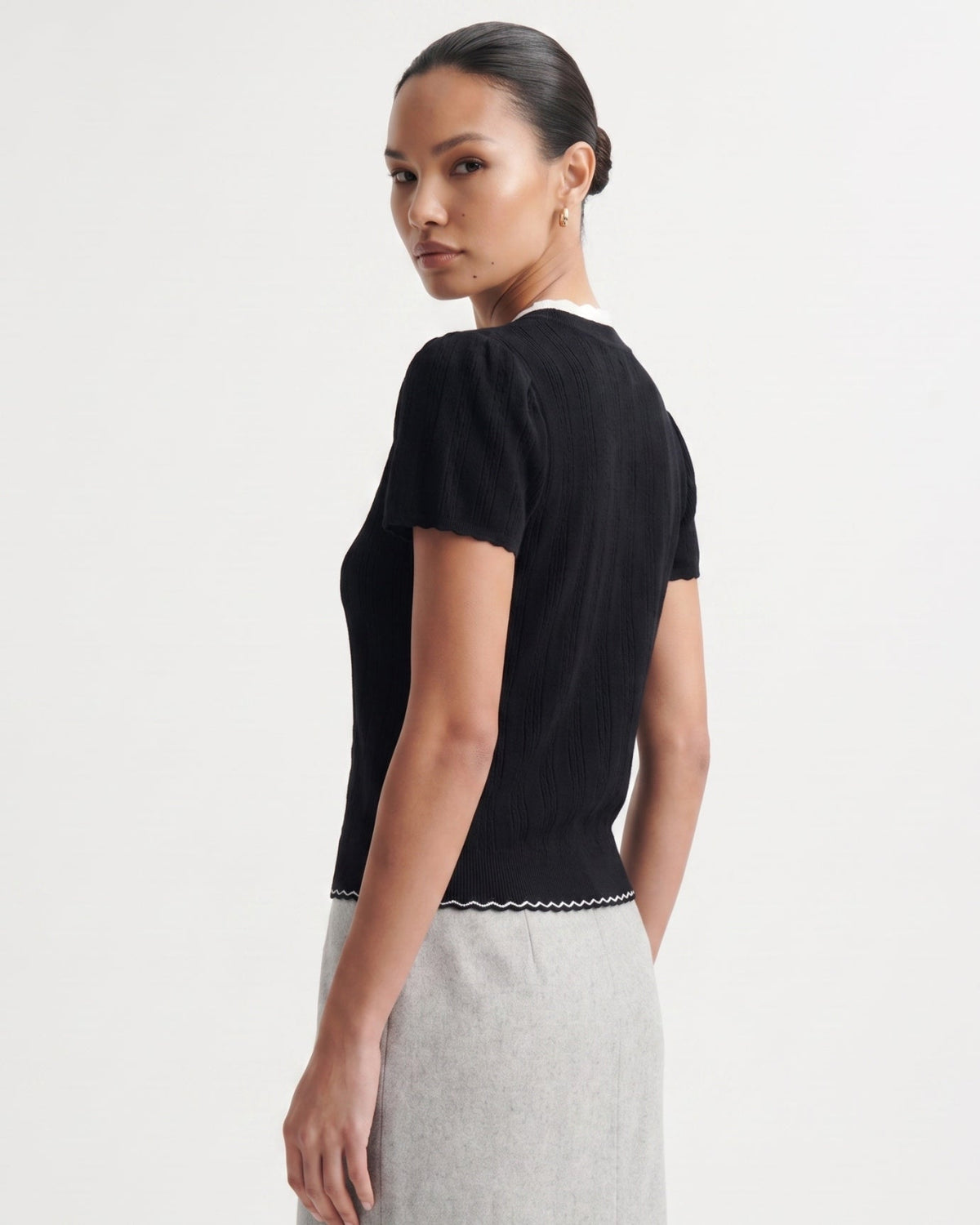 Knitted Top with Hand-Embroidered Floral Front – Black