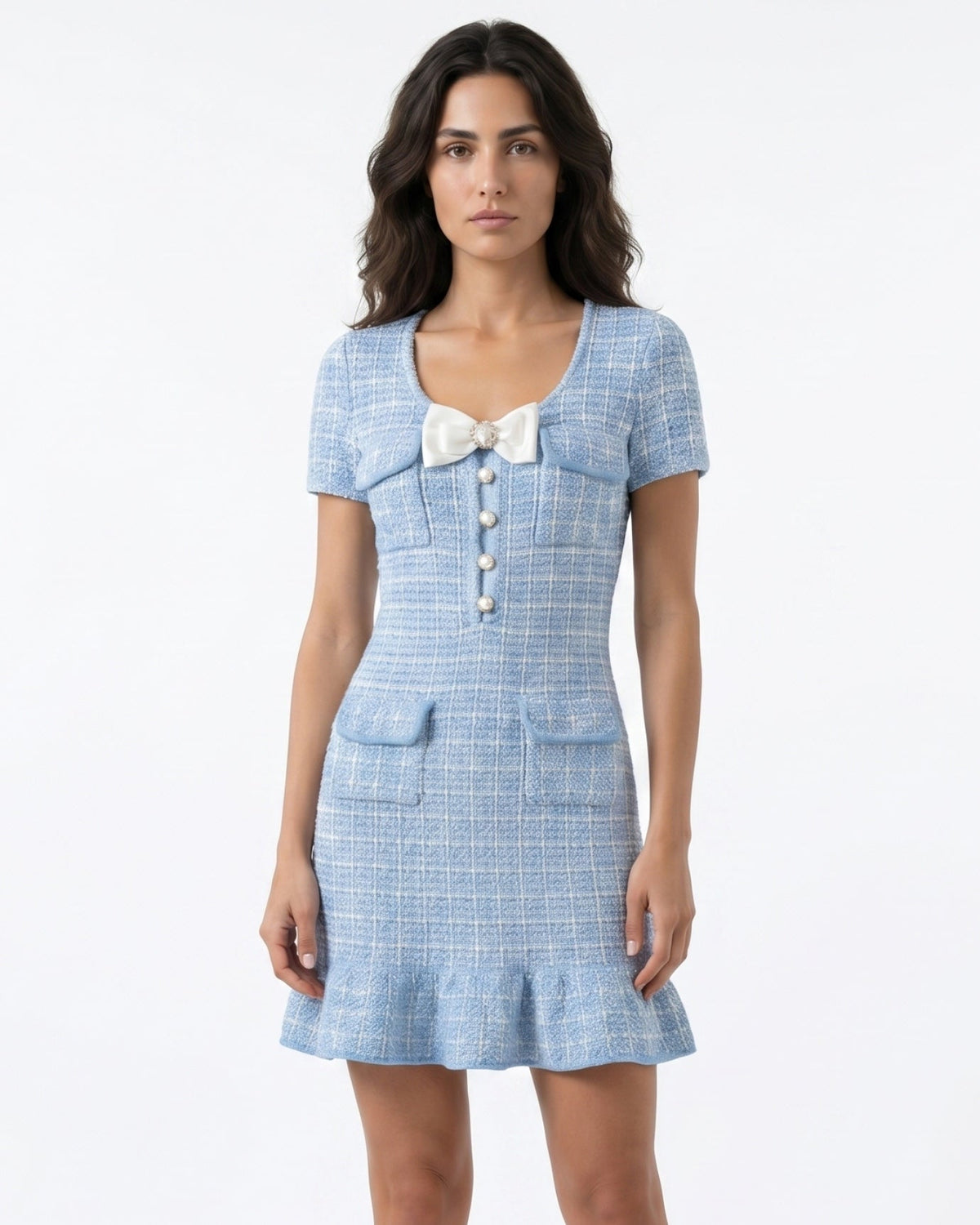 Socialite Wool Blend Ruffle Short Sleeve Dress – Blue – view 3
