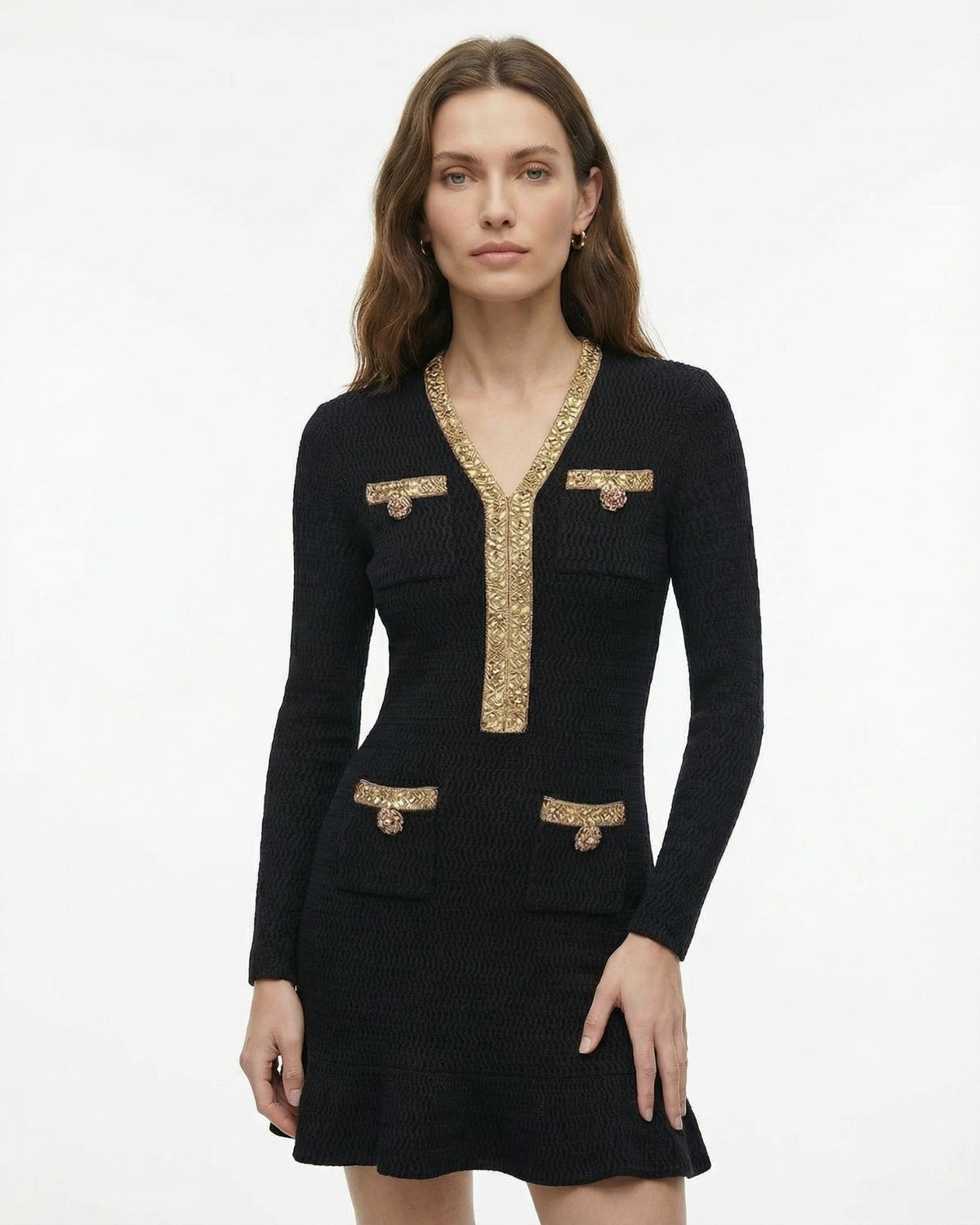 Heavy Beaded V-Neck Long Sleeve Slim Fit Knit Dress – view 11