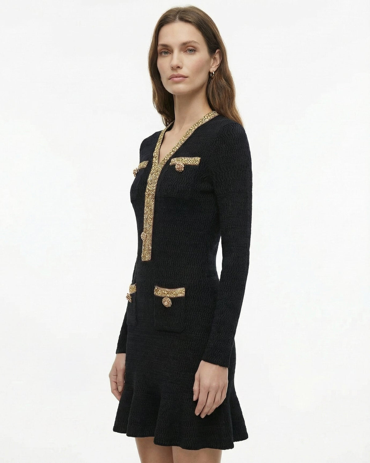 Heavy Beaded V-Neck Long Sleeve Slim Fit Knit Dress – view 12
