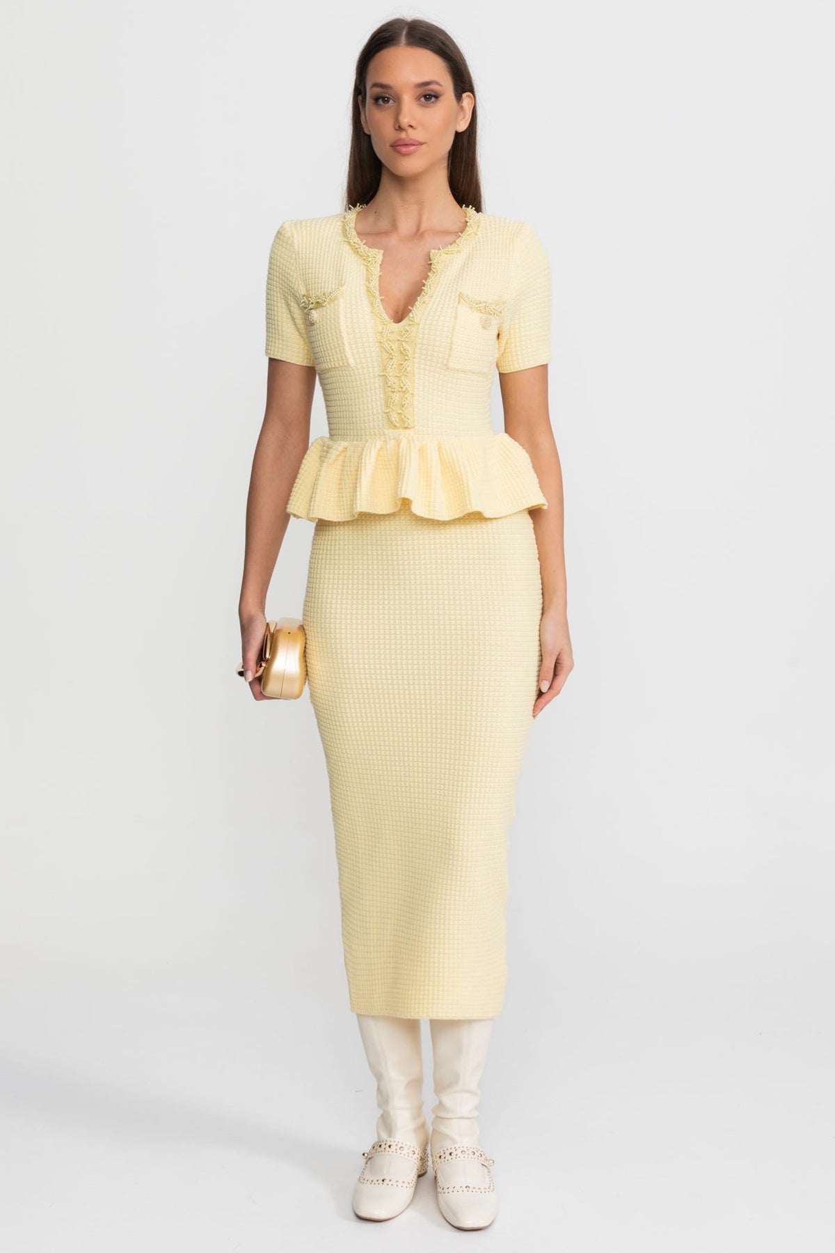 Fitted Knit Midi Dress with Peplum Waist and Patch Pockets – Yellow – view 10