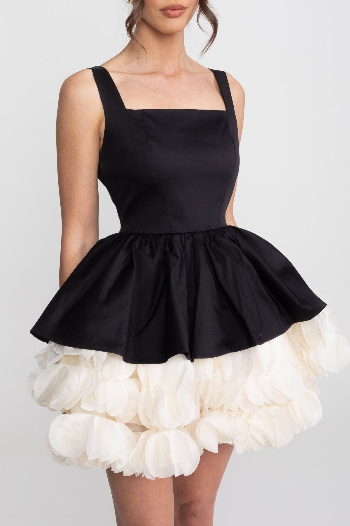 Strapless Structured Mini Dress with Organza Ruffle Underskirt – Black – view 4