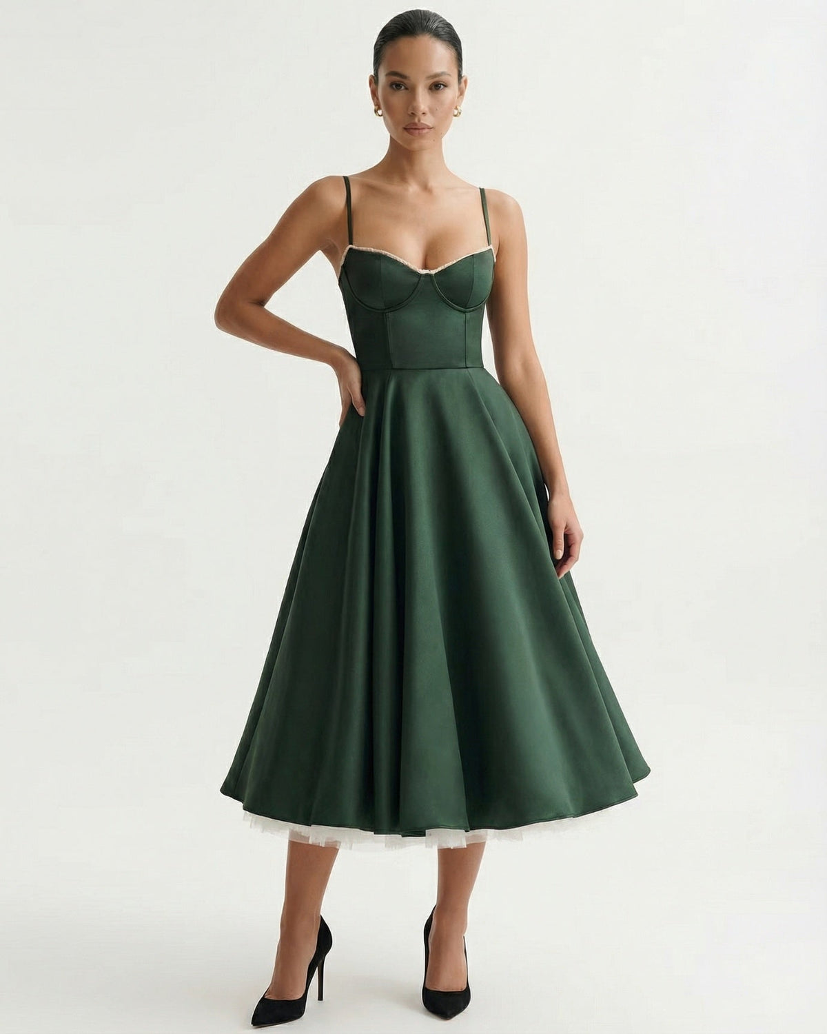 Giulia Duchess Satin Midi Dress with Tulle Underskirt – Forest Green – view 2
