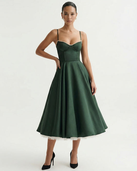 Giulia Duchess Satin Midi Dress with Tulle Underskirt – Forest Green – view 2