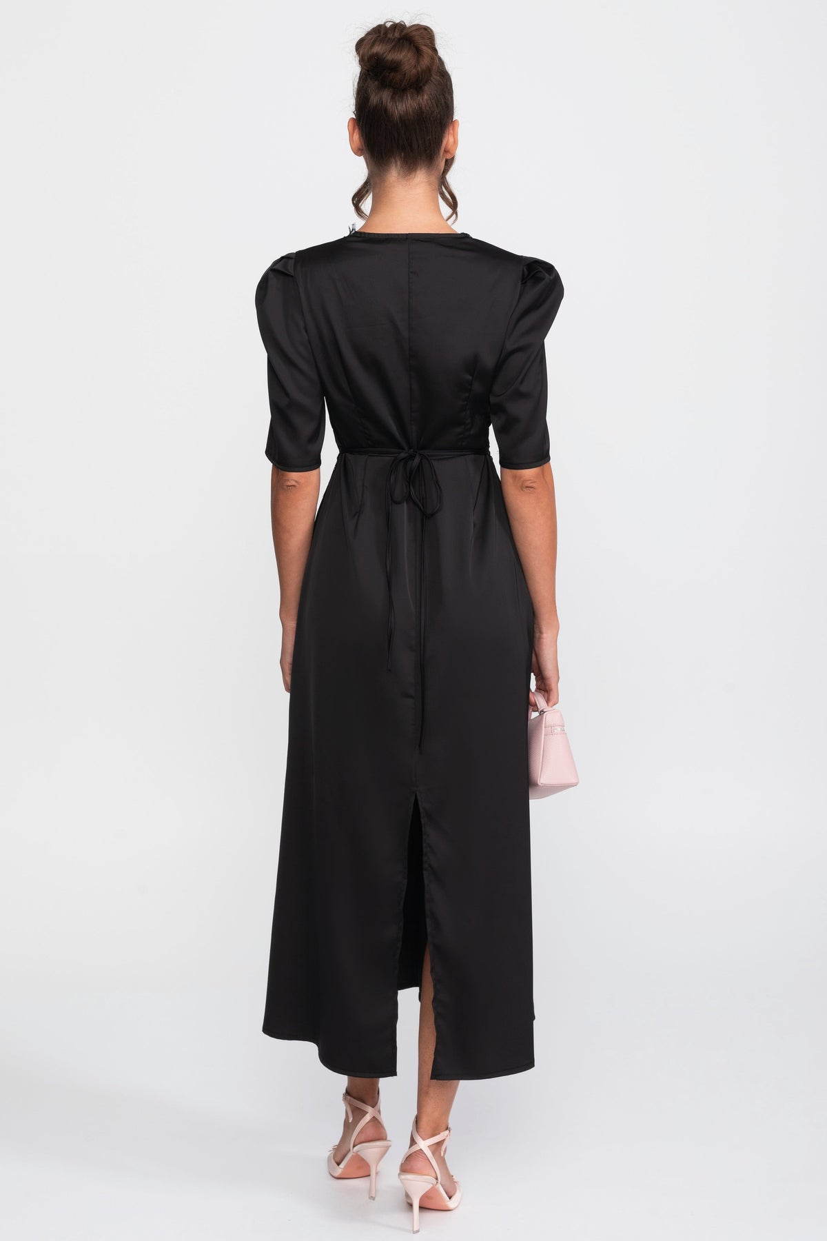 Satin Polka Dot Puff Sleeve Midi Dress with Lace Trim – Black – view 4