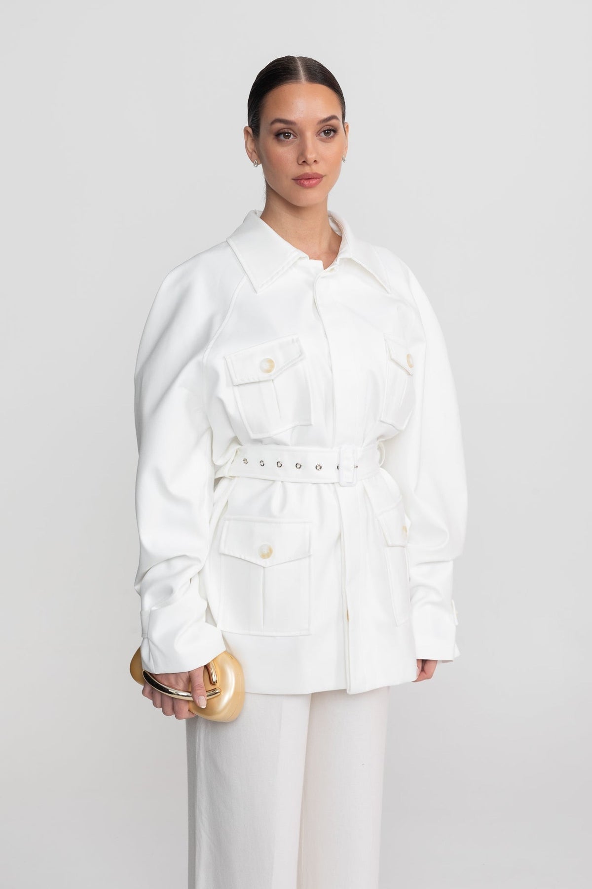 Belted Oversized Utility Jacket with Flap Patch Pockets – White – view 1