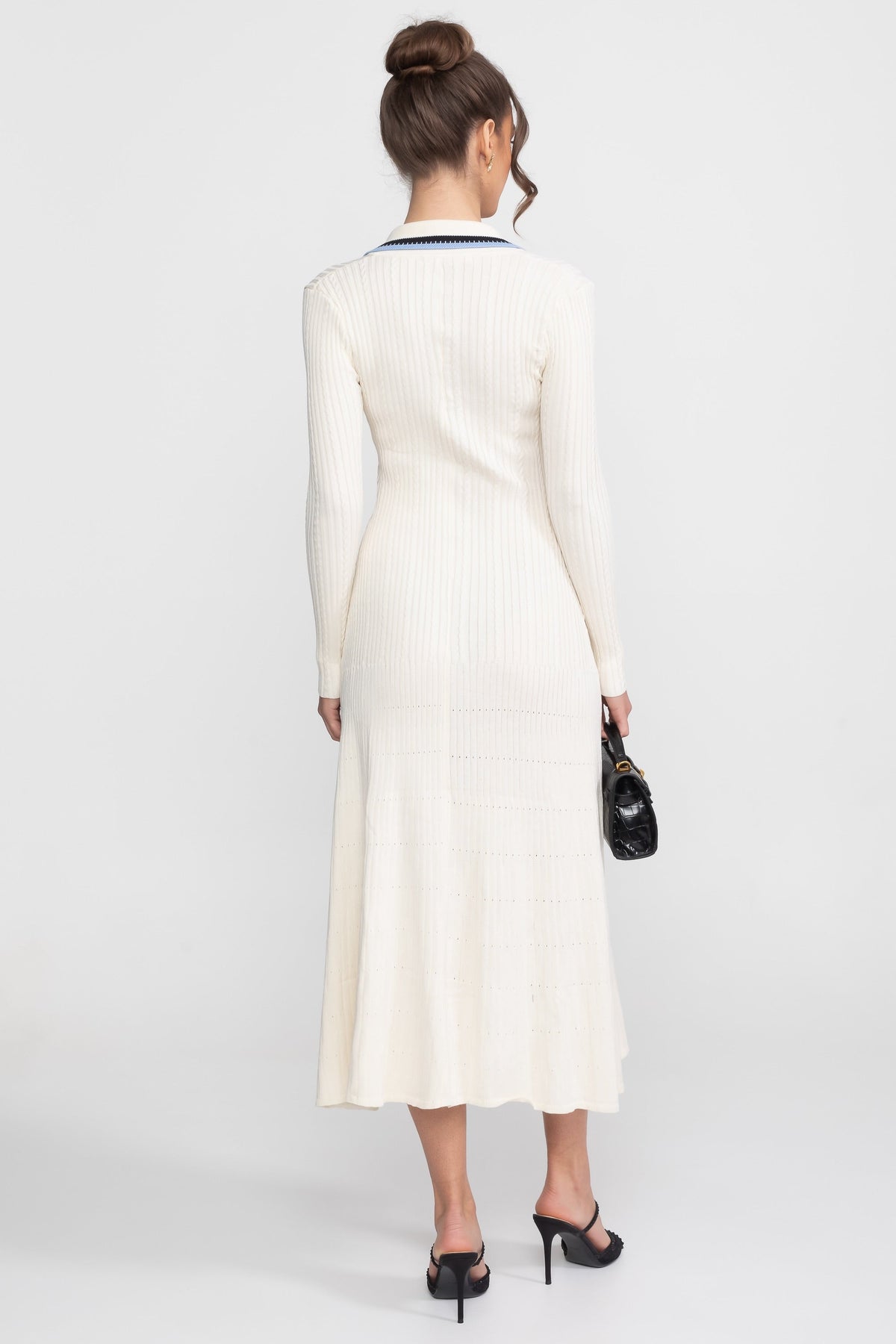 Ribbed Knit Polo Collar Long Sleeve Midi Dress with Monogram Pocket – Ivory – view 6