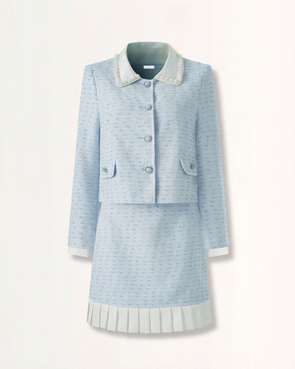 Crystal Button Cropped Jacket and Colour Block Pleated Skirt Set – Blue – view 1