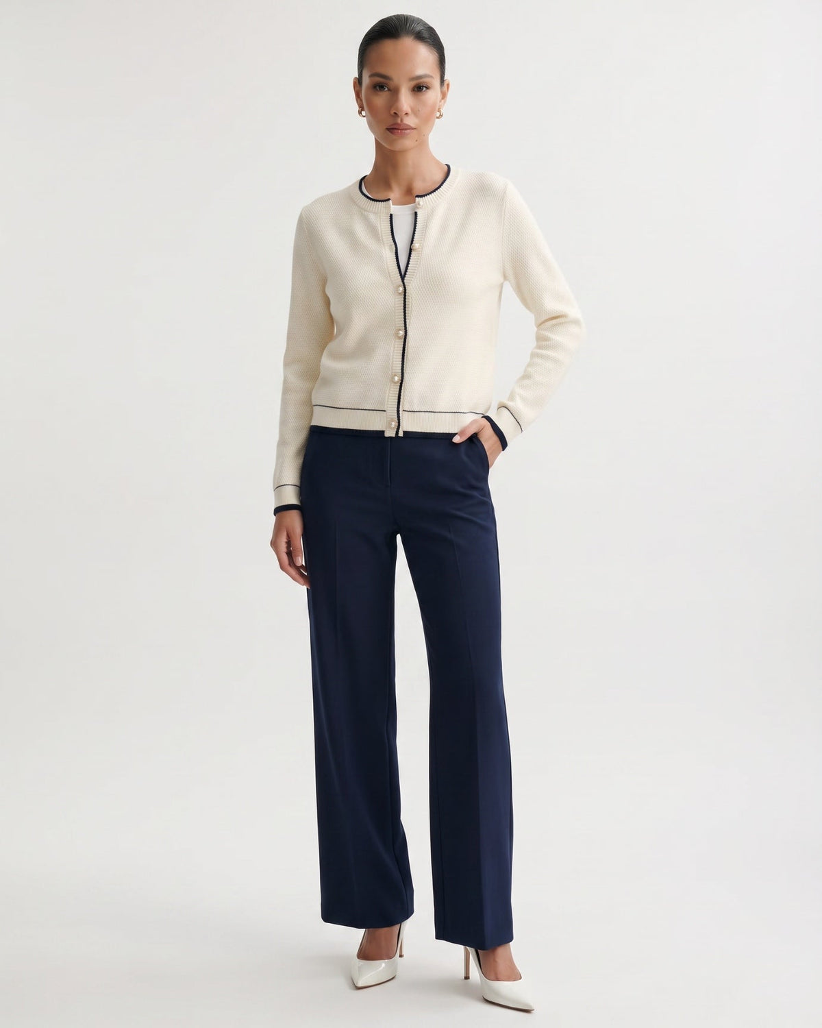 Pure Cashmere Crew Neck Cardigan with Pearl Detailing – view 8