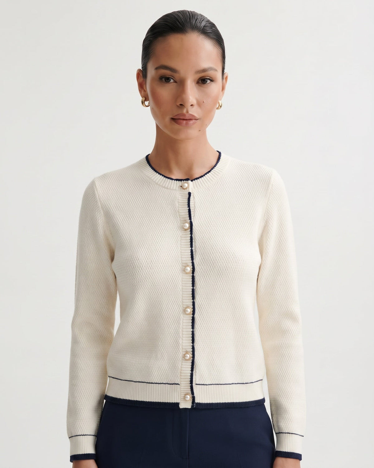 Pure Cashmere Crew Neck Cardigan with Pearl Detailing – view 9