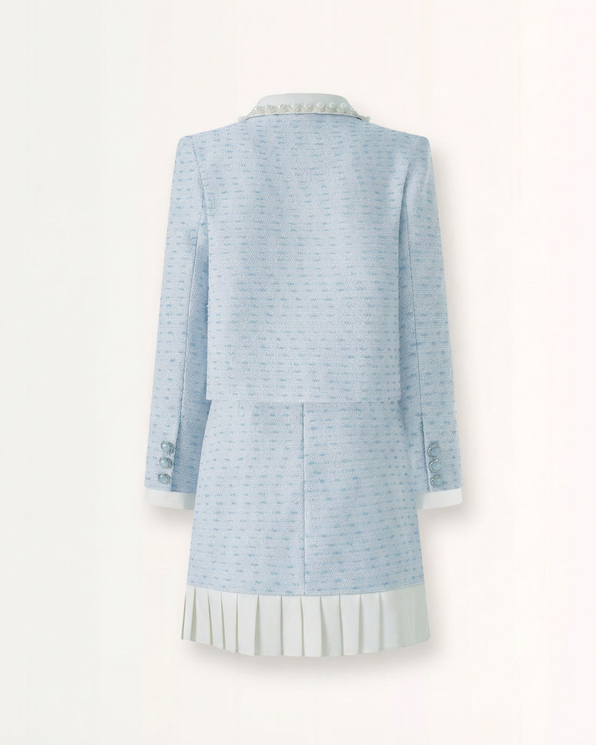 Crystal Button Cropped Jacket and Colour Block Pleated Skirt Set – Blue – view 4