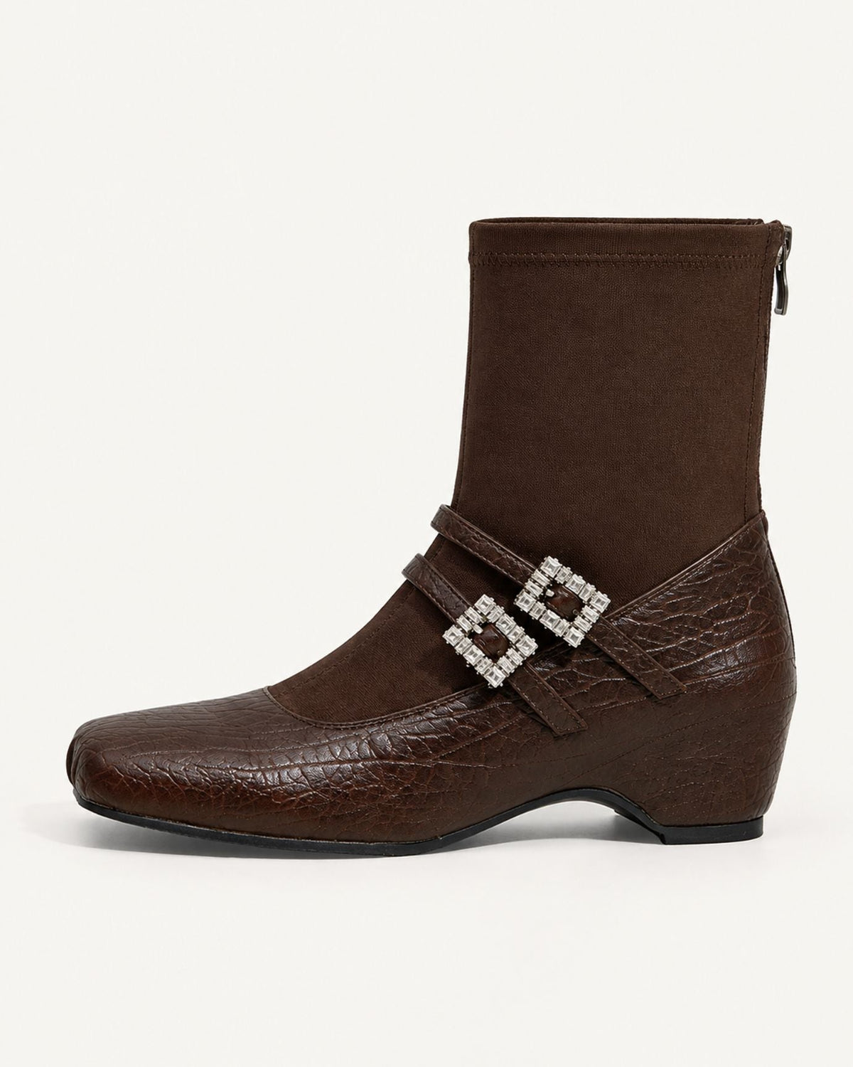 Rhinestone-Embellished Leather Mary Jane Wedge Boots – Brown – view 1
