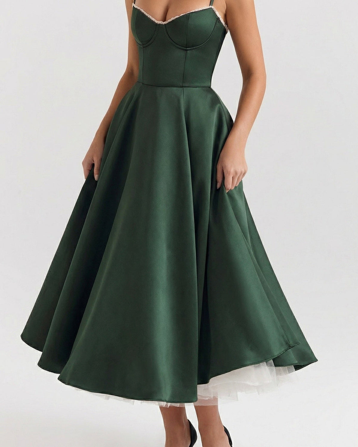 Giulia Duchess Satin Midi Dress with Tulle Underskirt – Forest Green – view 6