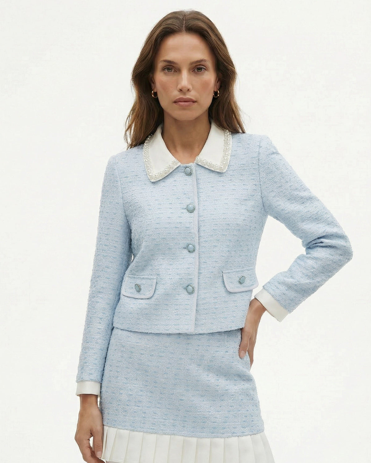 Crystal Button Cropped Jacket and Colour Block Pleated Skirt Set – Blue – view 3