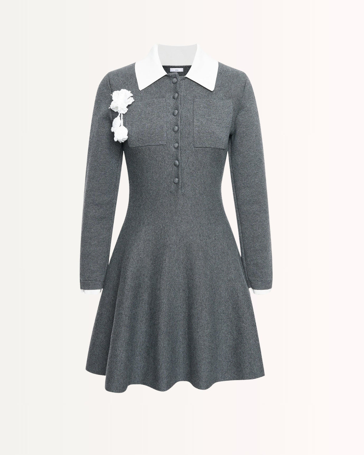 Paris Elegance Cotton Wool Blend Knit Dress with Floral Brooch – Grey – Gray – view 1