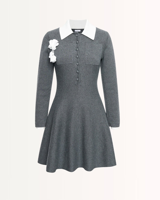 Paris Elegance Cotton Wool Blend Knit Dress with Floral Brooch – Grey