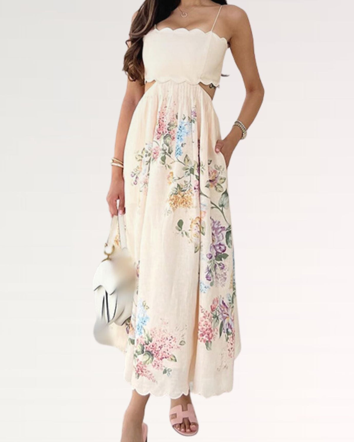 Spaghetti Strap Cut-Out Detail Stretch Dress – Cream – view 2