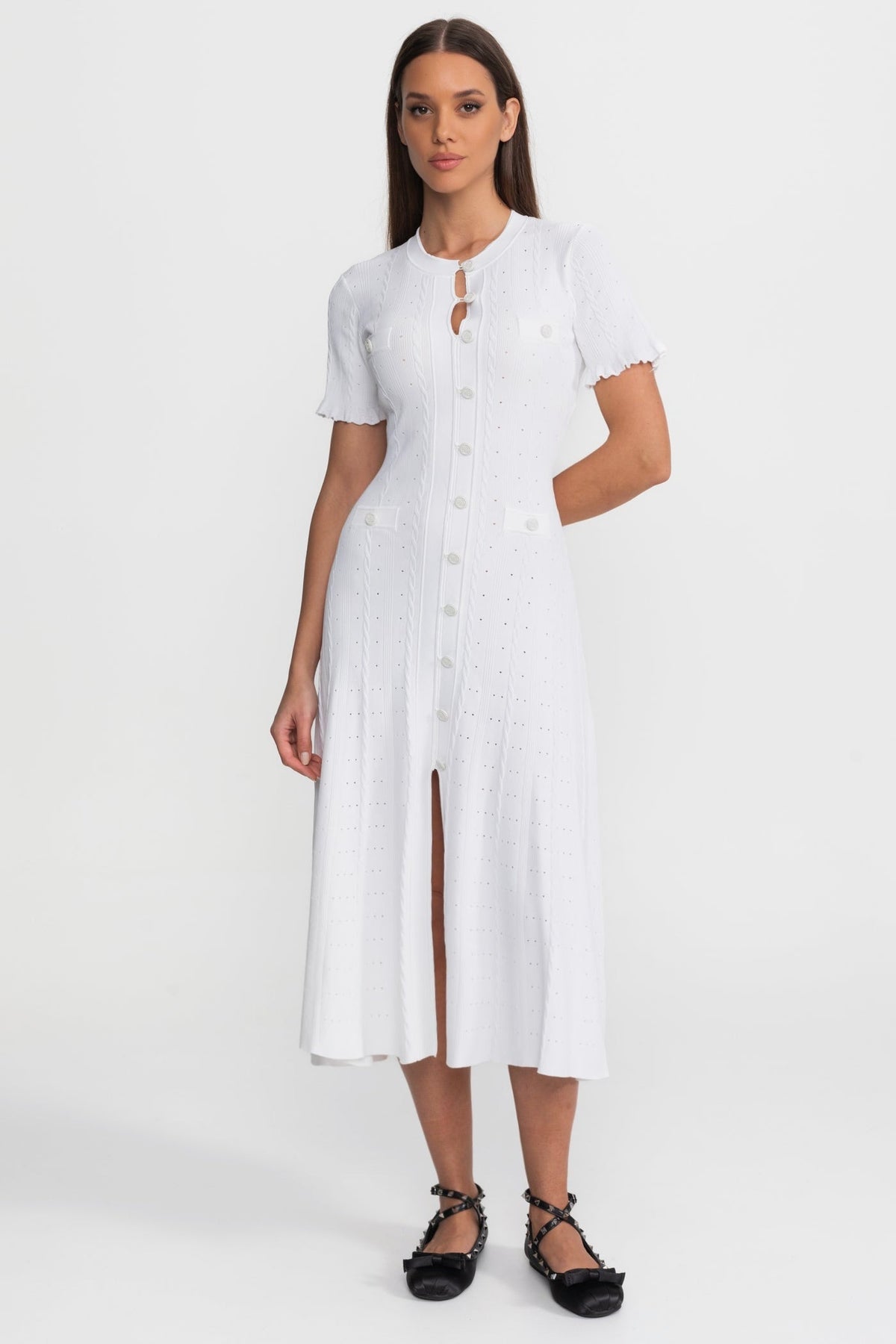 Knit Button-Front Midi Dress with Short Scalloped Sleeves – White