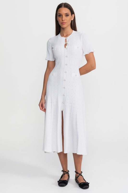 Knit Button-Front Midi Dress with Short Scalloped Sleeves – White