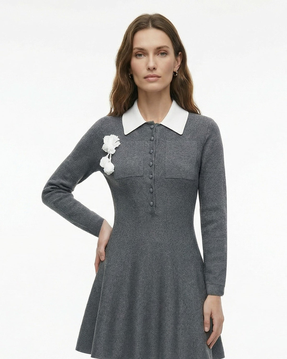 Paris Elegance Cotton Wool Blend Knit Dress with Floral Brooch – Grey – view 4