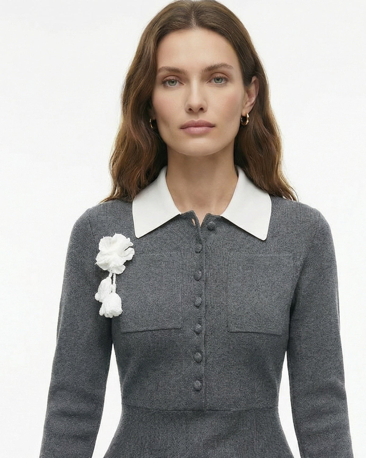 Paris Elegance Cotton Wool Blend Knit Dress with Floral Brooch – Grey – view 5