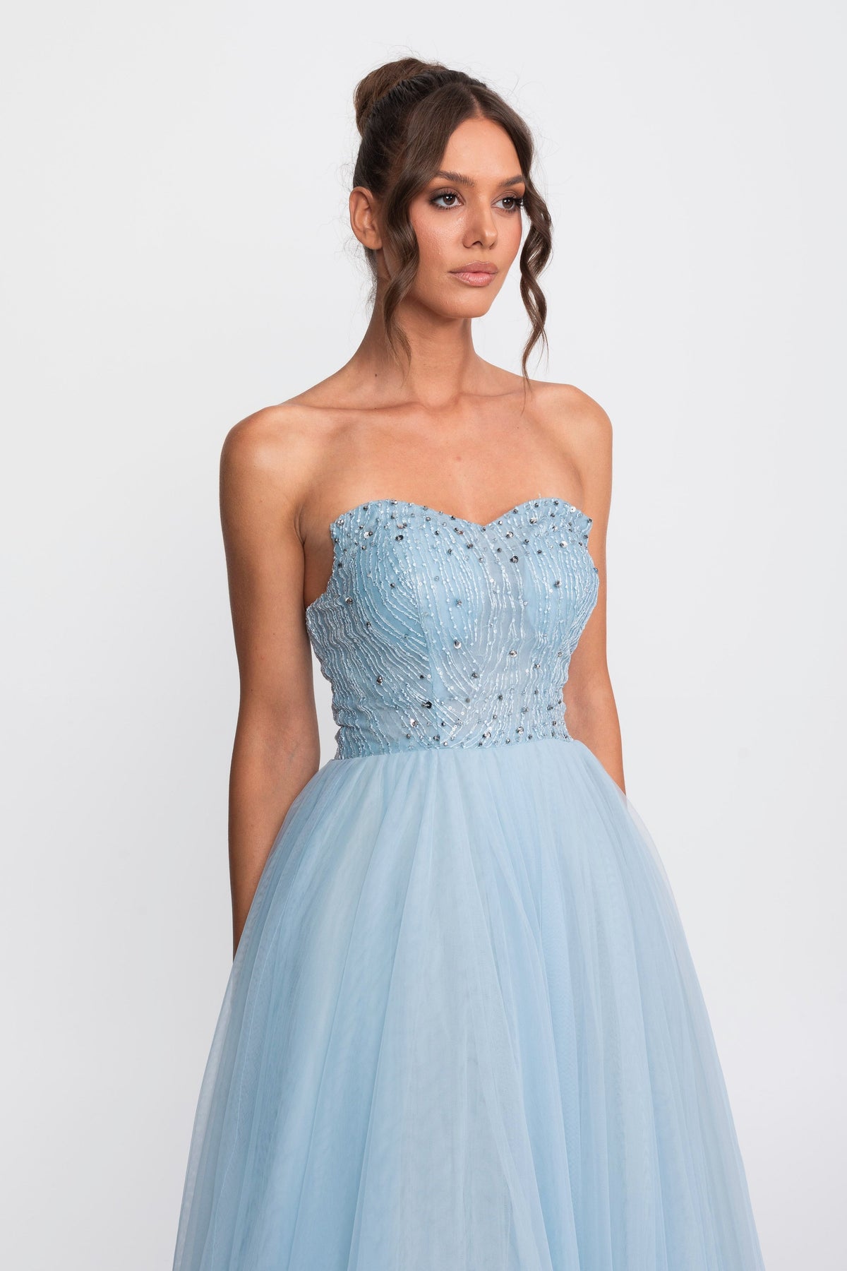 Strapless Sweetheart Tulle Ball Gown with Sequin Embellishment – Light Blue – view 5