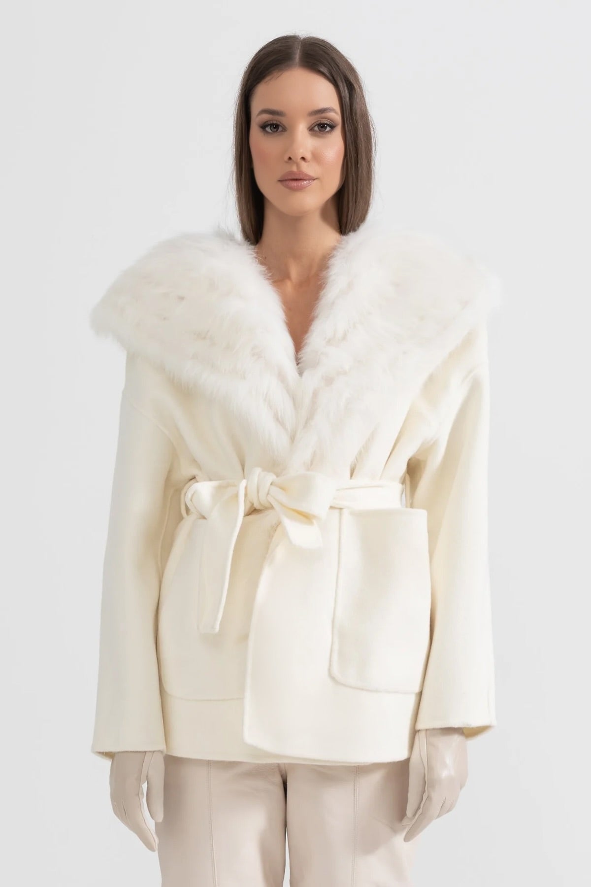 Wool Jacket with Voluminous Collar, Oversized Hood and Waistband – Ivory