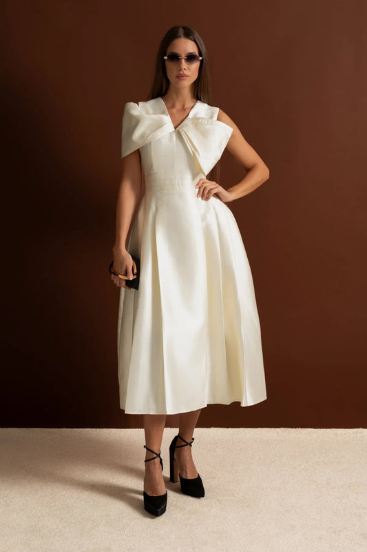 Off-Shoulder Structured Satin Midi Dress with Draped Bow Bodice – Ivory