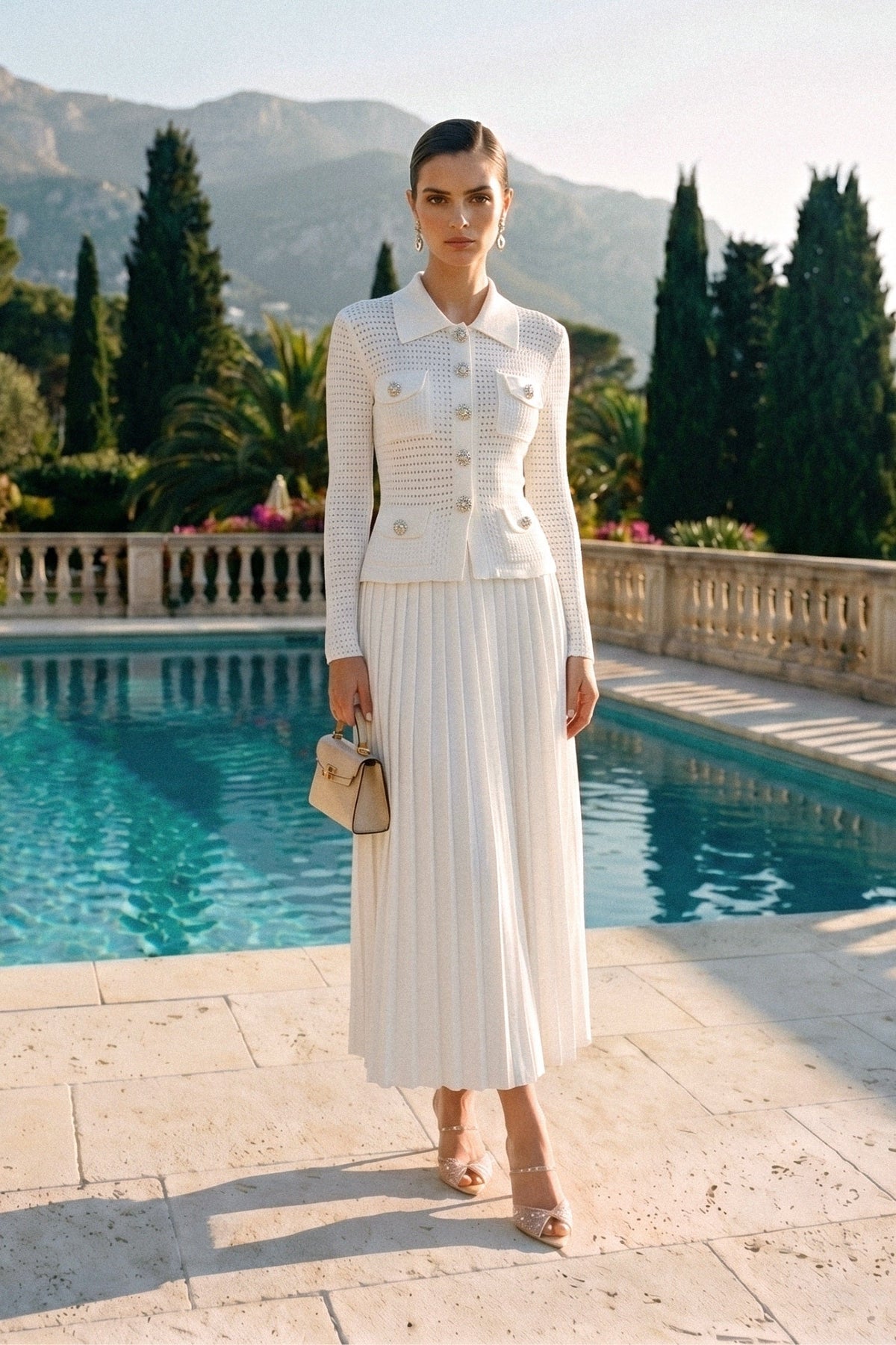 Open-Knit Polo Collar Button-Through Dress with Pleated Midi Skirt – White – view 2