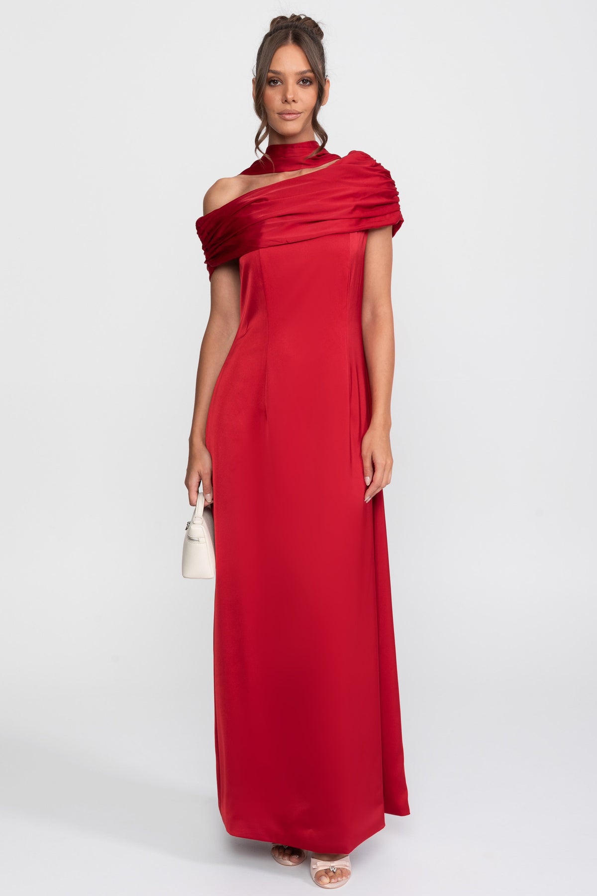 One-Shoulder Draped Satin Maxi Gown with Ruched Wrap Collar – Red – view 2