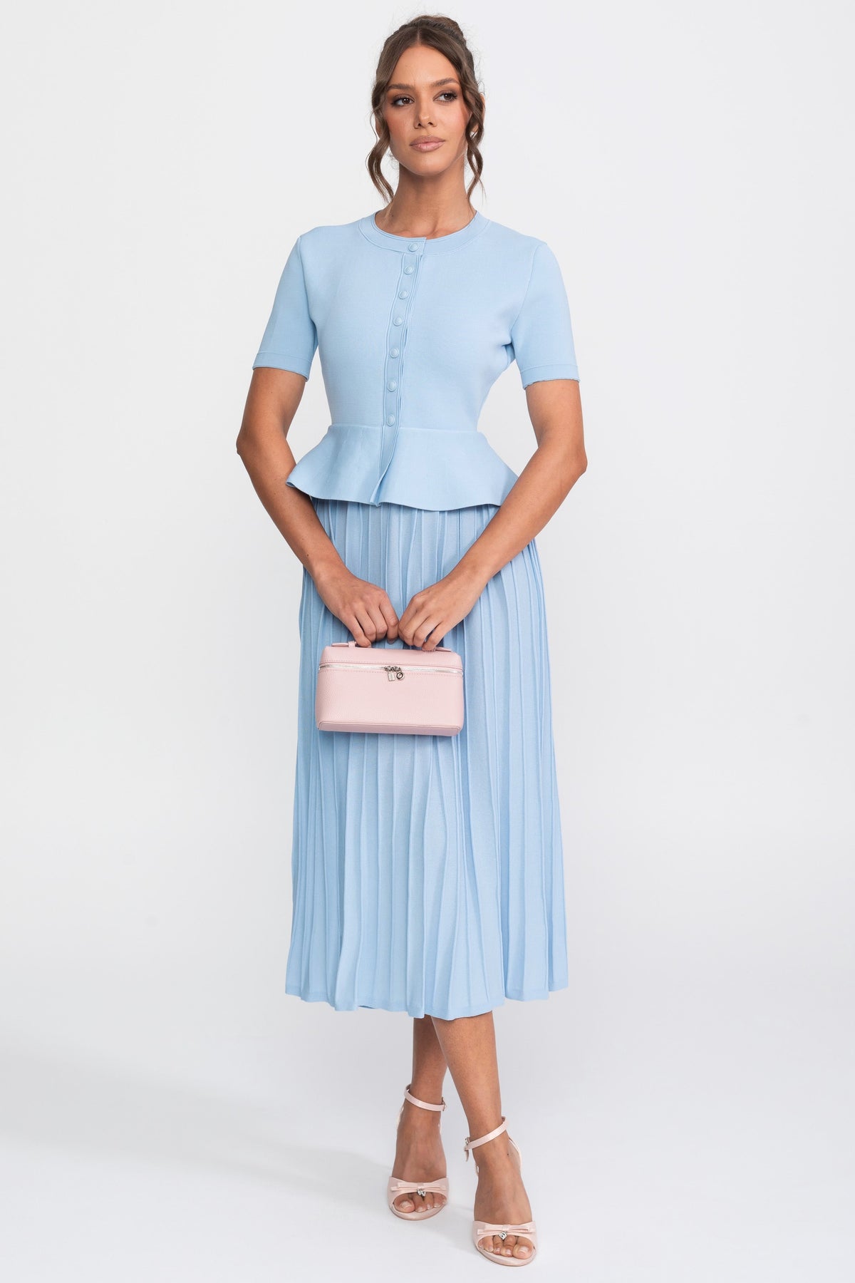 Short Sleeve Ribbed Knit Peplum Midi Dress with Button Front – Light Blue
