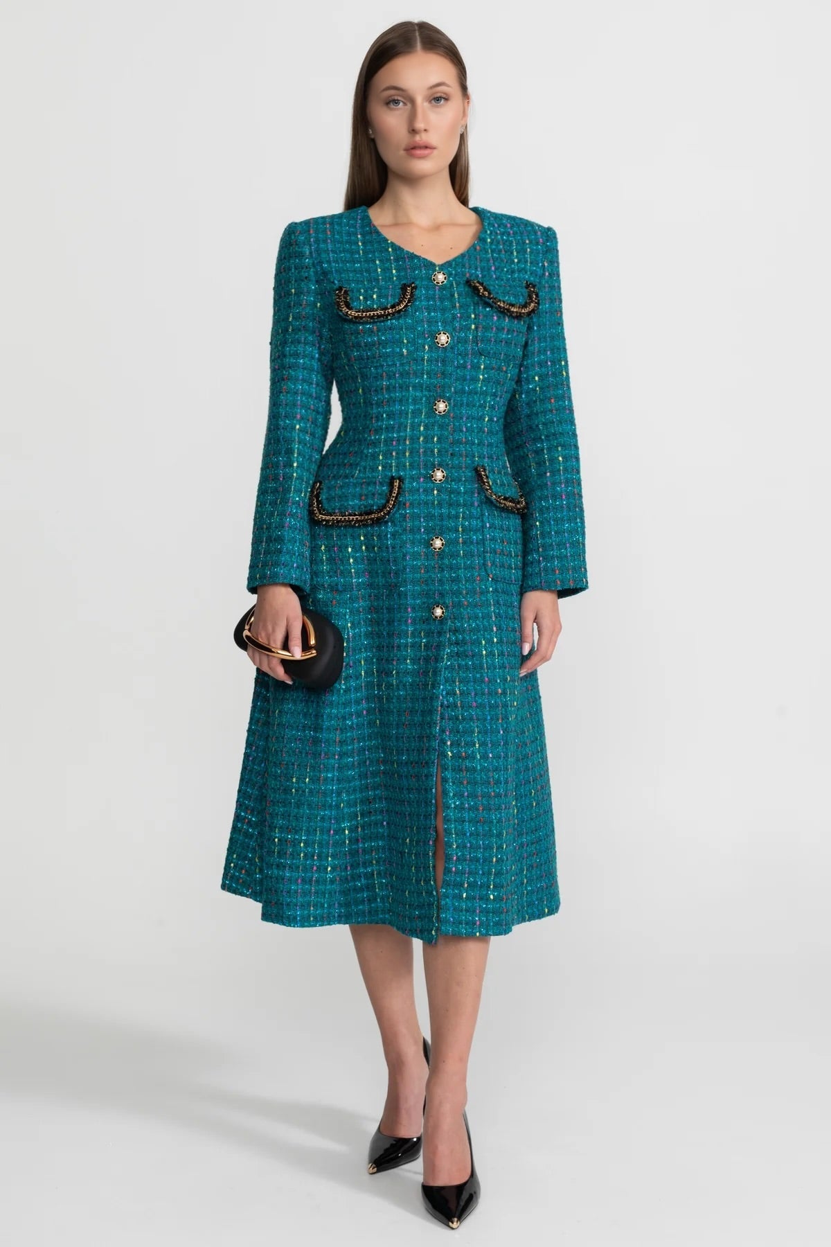 Tweed Structured Shoulder Midi Dress with Gold-Tone Buttons – Teal